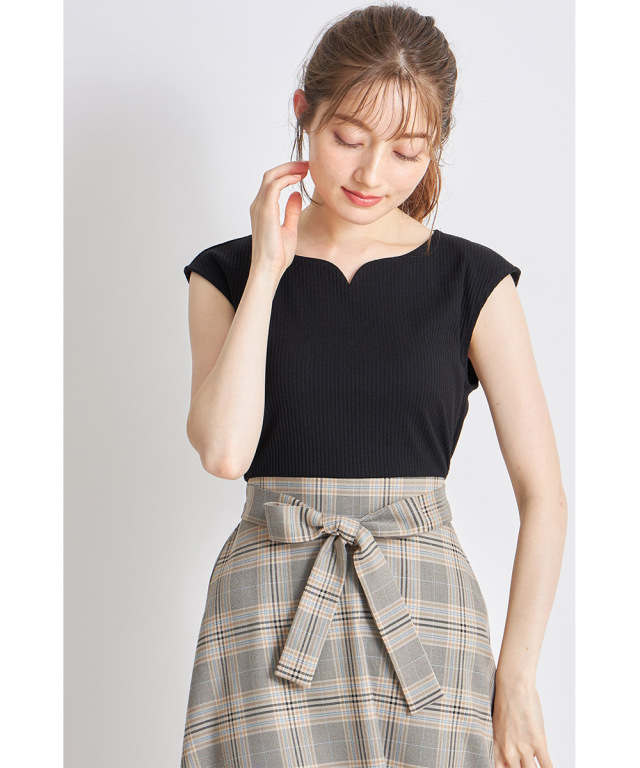 ウエストりぼん付きリブカットソー×チェックドッキングワンピース　ブラック ウエストりぼん付きリブカットソー×チェックドッキング