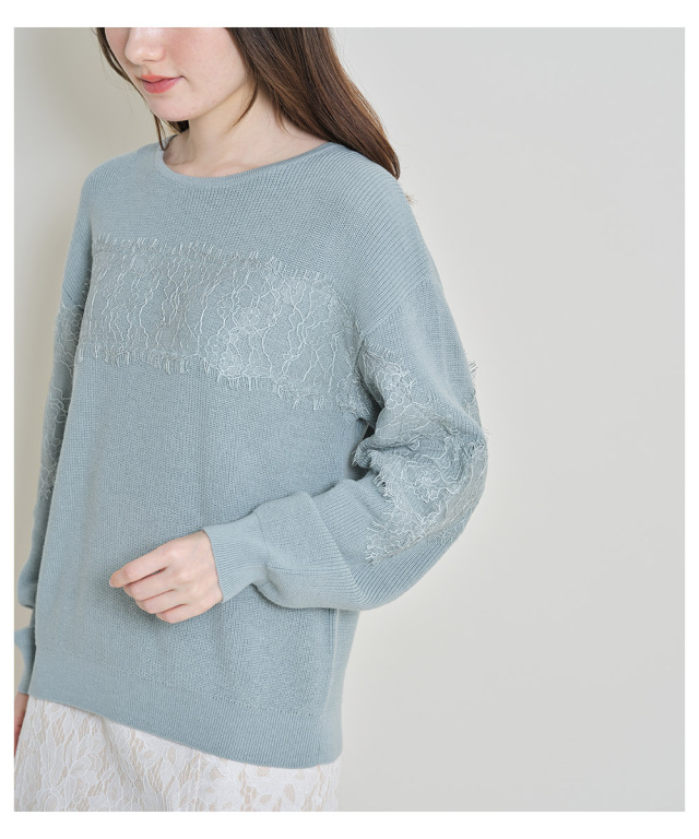 ラインレース装飾バックレースアップニットプルオーバー