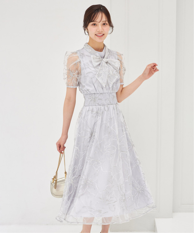 2WAYボウタイリボン付きチュール刺繍ウエストシャーリング