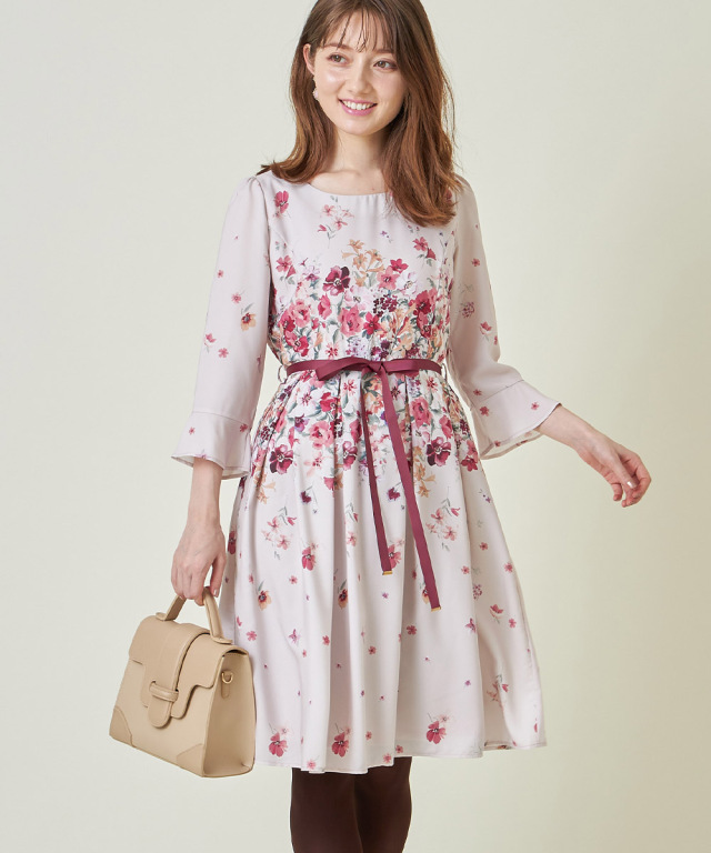 王道レディな存在感！ウエストグログランリボン付きフラワープリント  