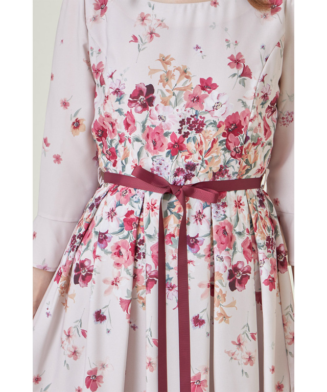 王道レディな存在感！ウエストグログランリボン付きフラワープリント  