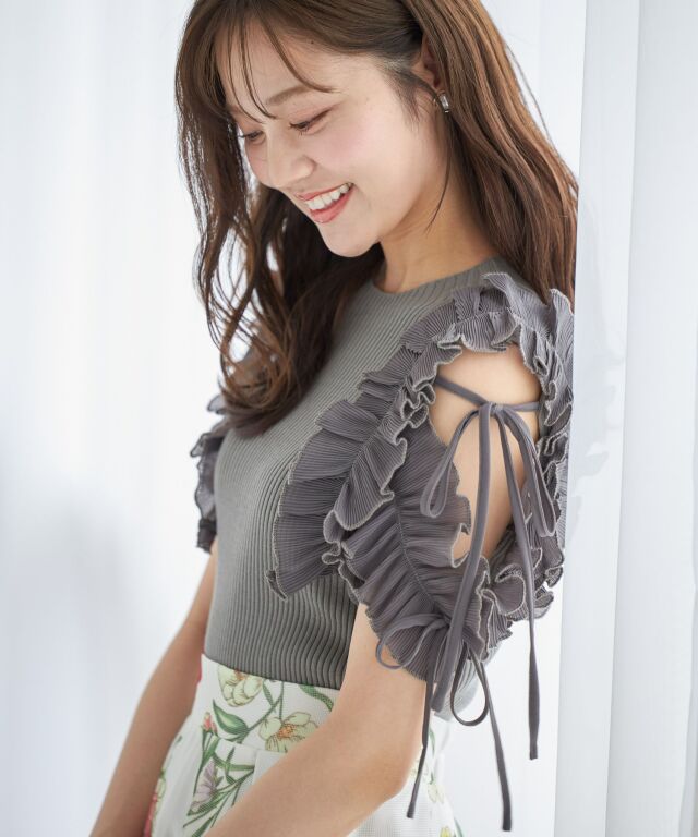 りぼん付きプリーツシフォンフリル切り替えリブニットプルオーバー 