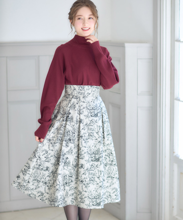 Drawer ドゥロワー ジャガード ツィード フレアスカート  