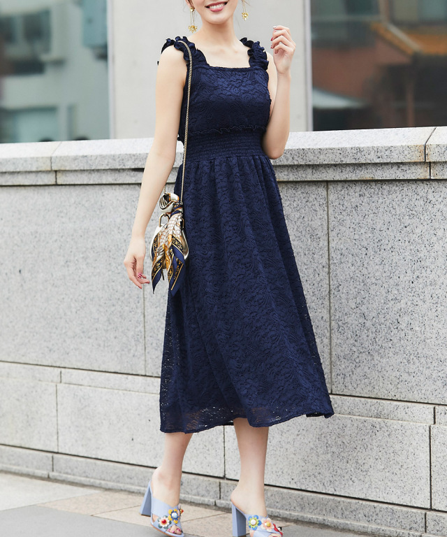 爽快でいて気品溢れるウエストシャーリング2WAYショルダー総レース  