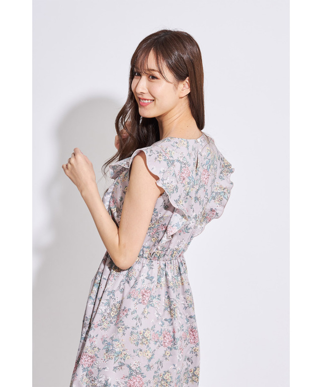 フリル付きフラワープリントコットンワンピース 