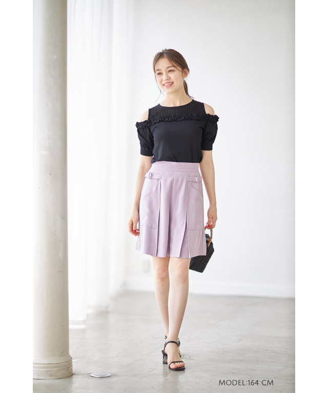 黒いキュロット ベルト付き サイドポケット 周りと差をつける甘テイスト♪サイドバックル付きビックポケット