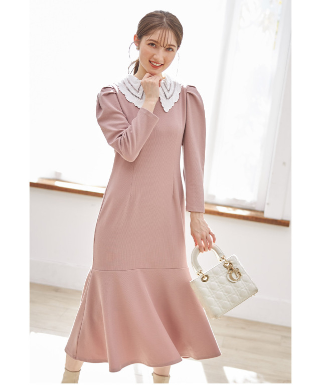取り外し可能な襟付きマーメイドラインニットソーワンピース