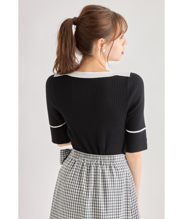 TOCCO closet - トッコ 配色ライン入りオフショル風ボウタイニットプルオーバー 半袖 ネイビー いつでも今っぽく女らしく♪配色ライン入りオフショル風ボウタイ