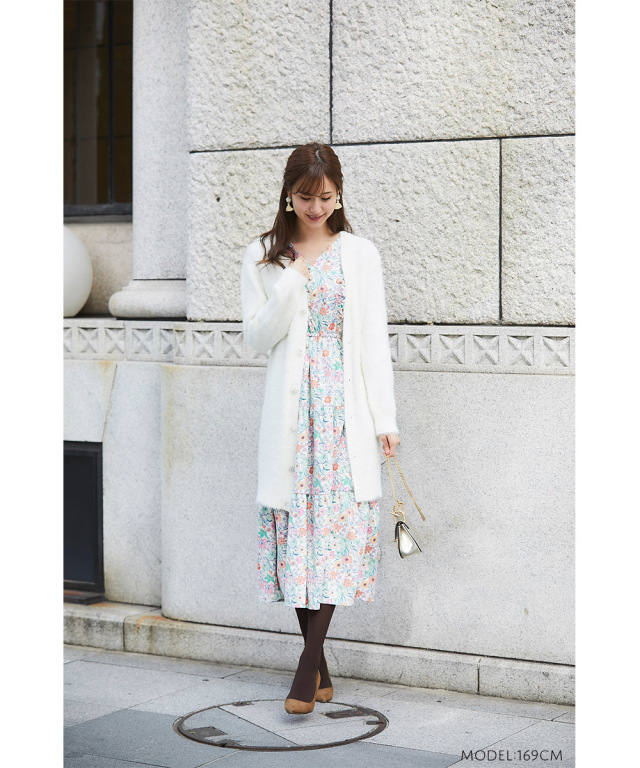 思わず触れたくなるフラワーパールビジュー釦フェレットタッチロング  