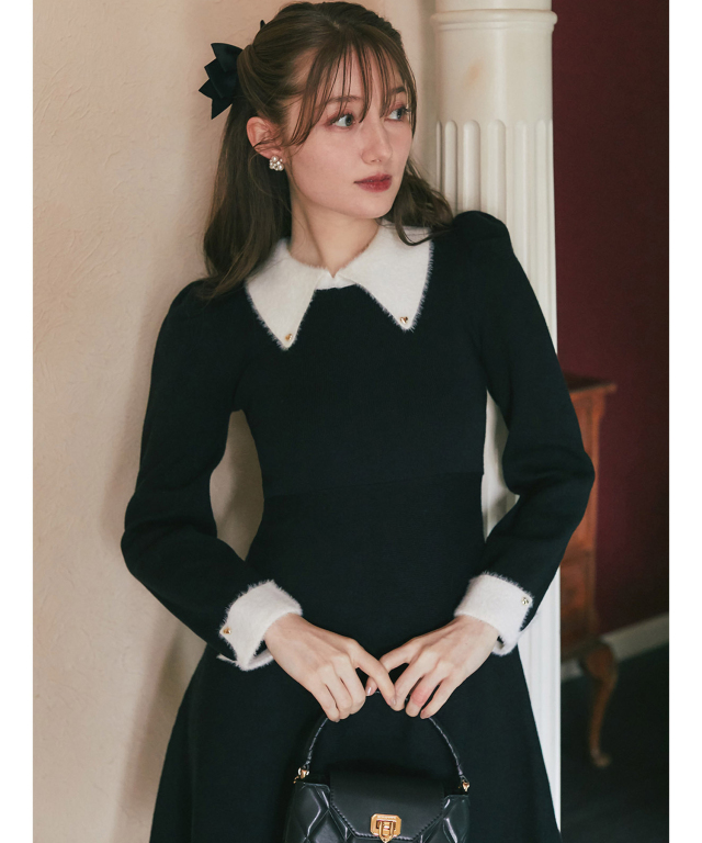 襟付き配色シャギー切り替えハート飾り釦リブニットワンピース