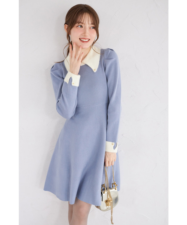 襟付き配色シャギー切り替えハート飾り釦リブニットワンピース