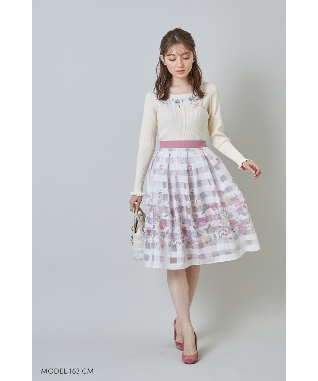 シアーチェック×フラワープリントタックフレアスカート 