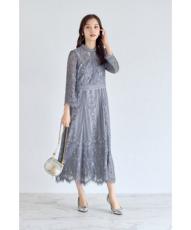 裾スカラップカットパネルレース×ラインレースワンピース 