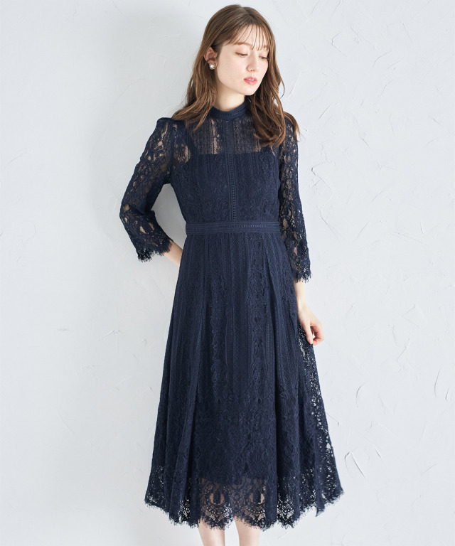 裾スカラップカットパネルレース×ラインレースワンピース