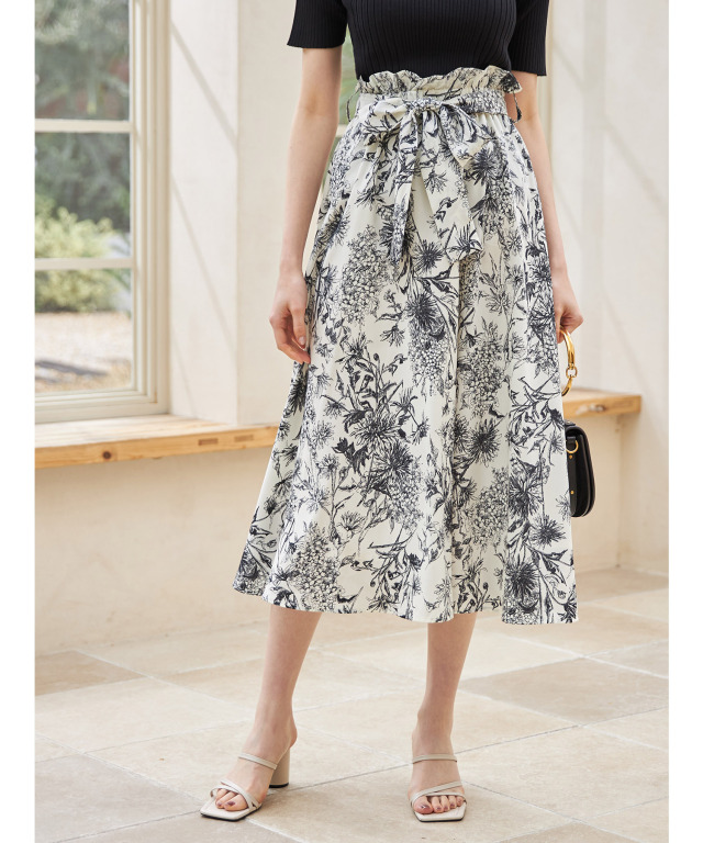 ウエストりぼん付きコットンライクフラワートワルドジュイプリントスカート 