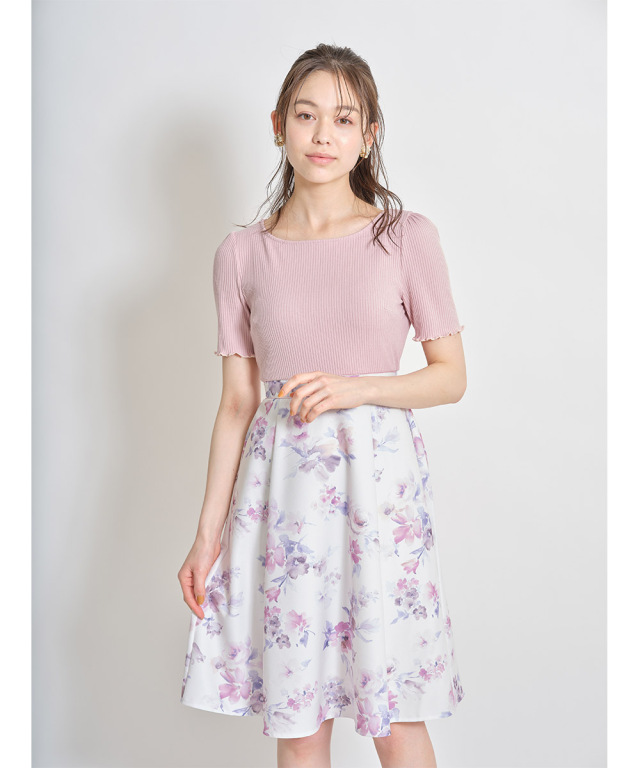 袖口メローフリルリブカットソー×フラワープリントドッキングワンピース 