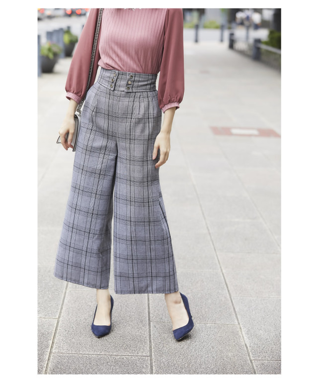 オシャレ鮮度を高めるゴールド釦つきグレンチェックワイドパンツ 宮田  