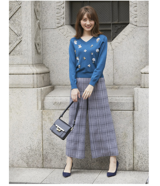 オシャレ鮮度を高めるゴールド釦つきグレンチェックワイドパンツ 宮田  