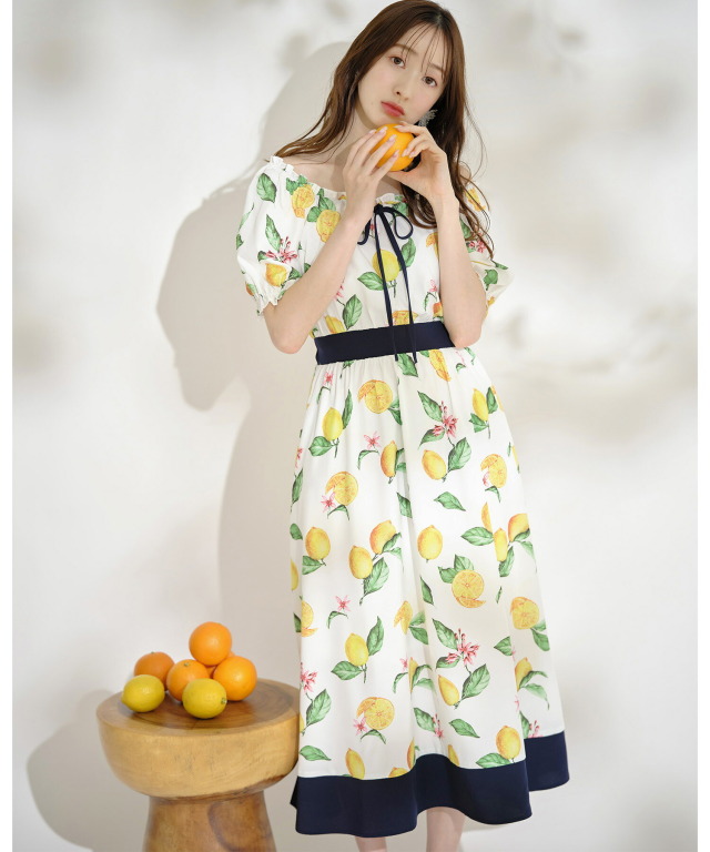 りぼん付き切り替えレモンプリントワンピース