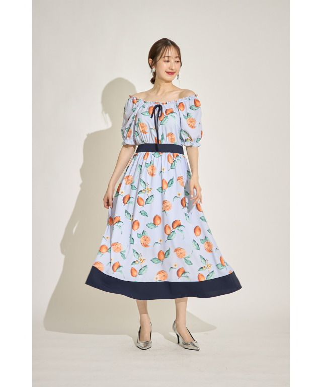 りぼん付き切り替えレモンプリントワンピース 