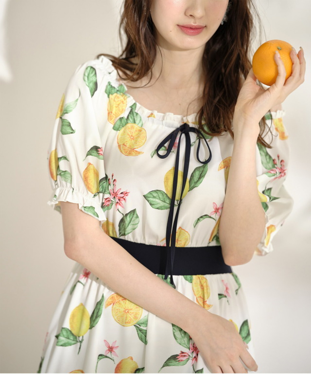 りぼん付き切り替えレモンプリントワンピース 