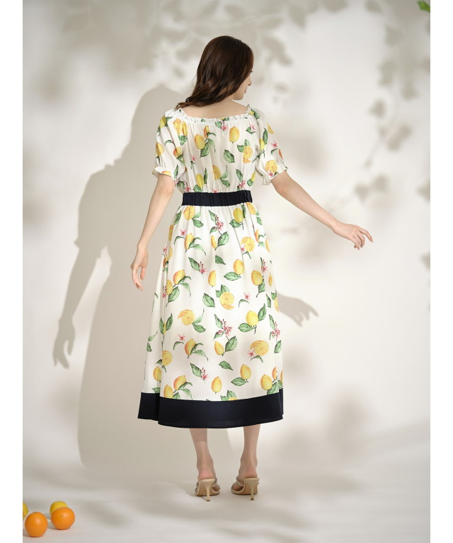 りぼん付き切り替えレモンプリントワンピース 