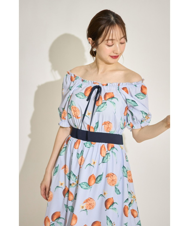 りぼん付き切り替えレモンプリントワンピース