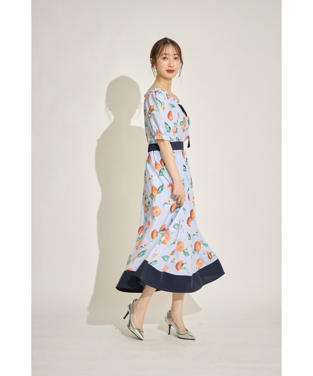 りぼん付き切り替えレモンプリントワンピース 