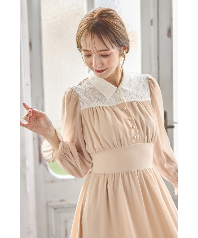 tocco closet 襟付き パール ボタン 配色切り替え レースワンピース tocco closet トッコ クローゼット 襟付きパールボタン配色