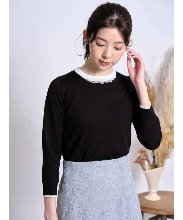 パールビジュー付き配色クルーネックニットプルオーバー 