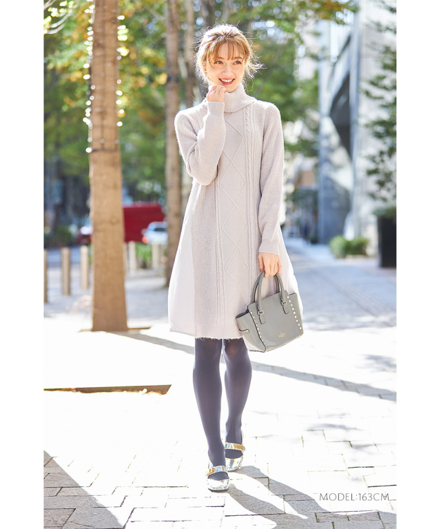 異素材切り替えタートルネックケーブル編みニットワンピース【remine  