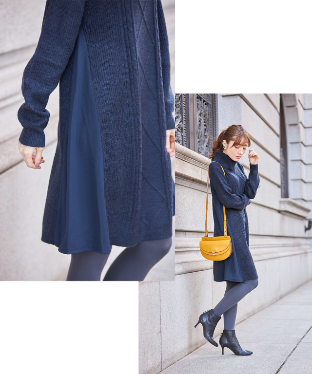 異素材切り替えタートルネックケーブル編みニットワンピース Remine リミーネ Tocco Closet トッコクローゼット Collection 美人百花12月号p135にて泉里香さんはピンクベージュ着用