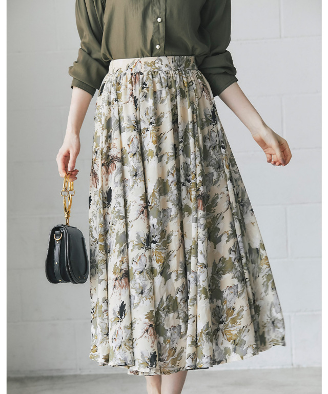 優しいカラーリングにときめく水彩フラワープリントフレアスカート  
