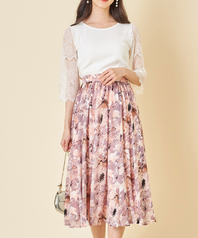 優しいカラーリングにときめく水彩フラワープリントフレアスカート  