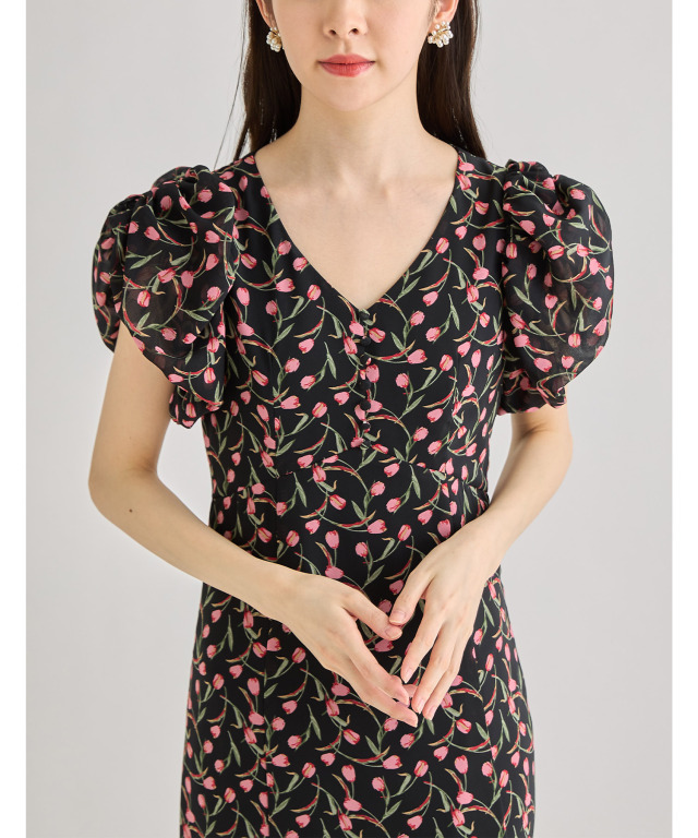 バックレースアップVネックチューリッププリントワンピース 