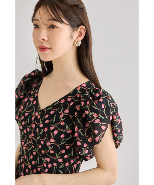 バックレースアップVネックチューリッププリントワンピース 