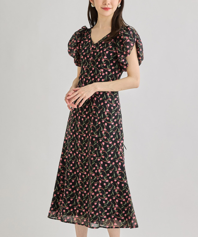 バックレースアップVネックチューリッププリントワンピース 