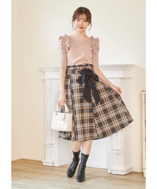 ウエストプチフリル装飾リボン付きチェックフレアスカート 