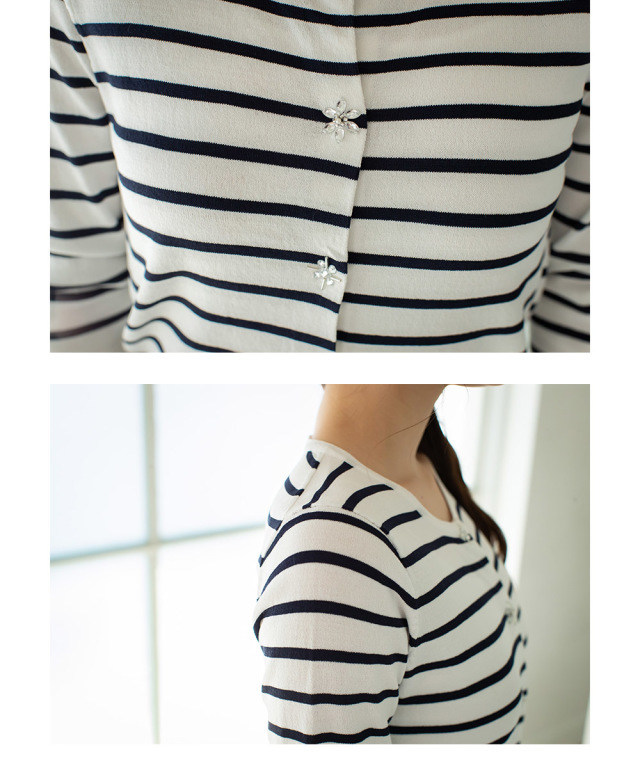 コーデにリズムをつけるビジュー装飾ボーダー七分袖カーディガン