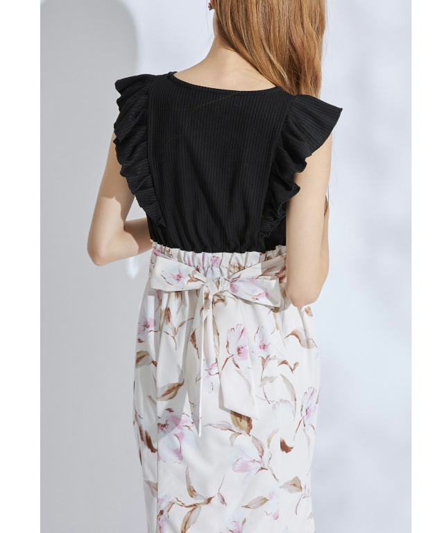 ウエストりぼん付き肩フリルリブカットソー×フラワープリント  