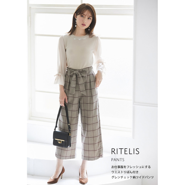 お仕事服をフレッシュにするウエストりぼん付きグレンチェック柄ワイドパンツ【ritelis　リテリス】tocco closet(トッコクローゼット)  Collection