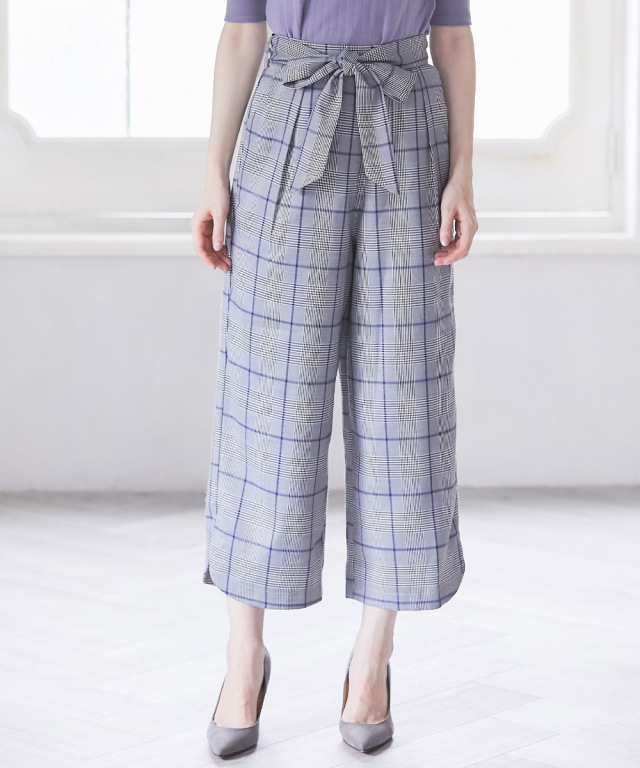 お仕事服をフレッシュにするウエストりぼん付きグレンチェック柄ワイド 
