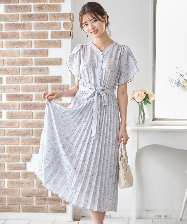 ウエストりぼん付きフレアスリーブラインフラワープリント