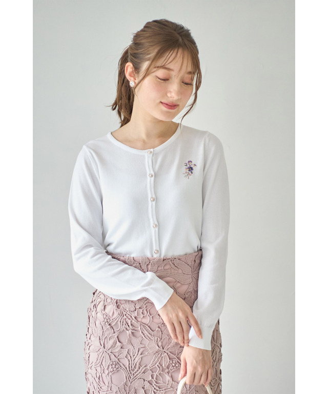 GUCCI LOVED エンブロイダリー パール カーディガン ネイビー S 接触冷感♪パール釦パンジーエンブロイダリーカーディガン