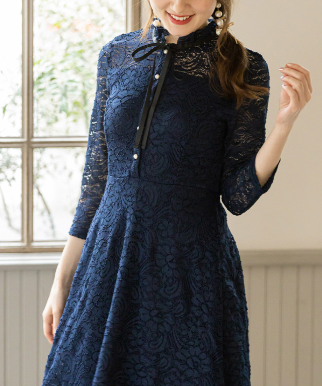 自分史上最高に可愛く纏えるりぼん付きパールボタン総レース七分袖  