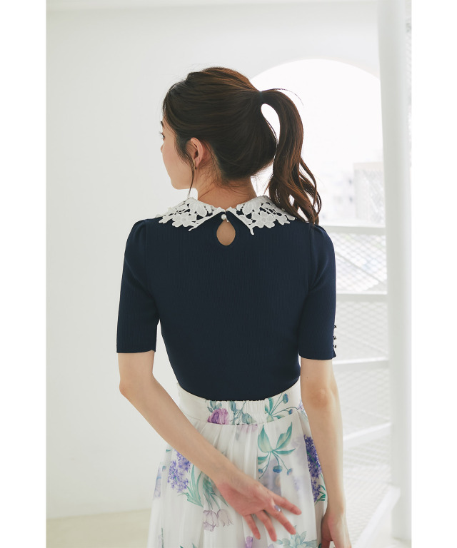 2WAYフラワーレース襟付きリブニットプルオーバー 