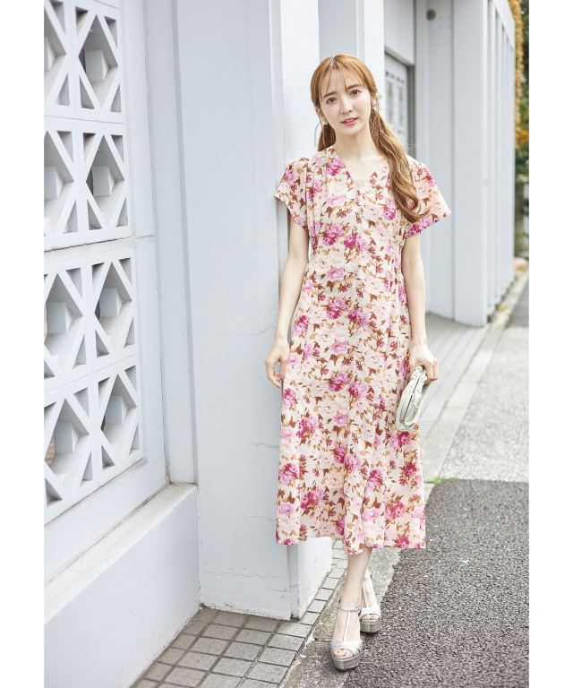 飾り釦付きVネックフラワープリントワンピース≪tocco closet