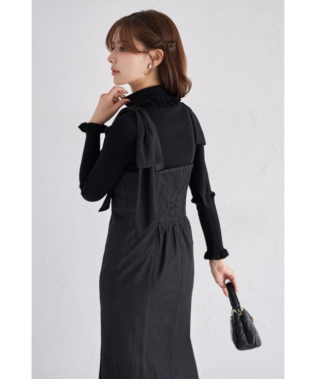 肩リボン付きフロントビジュー装飾デニムマーメイドジャンパースカート 肩リボン付きフロントビジュー装飾デニムマーメイドジャンパースカート