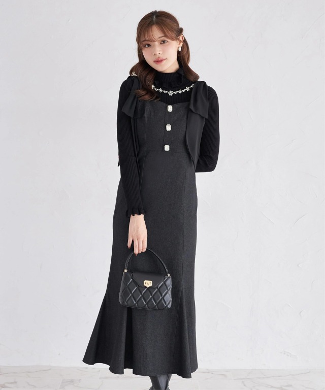 肩リボン付きフロントビジュー装飾デニムマーメイドジャンパースカート