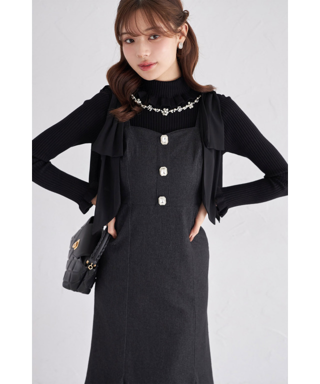 肩リボン付きフロントビジュー装飾デニムマーメイドジャンパースカート